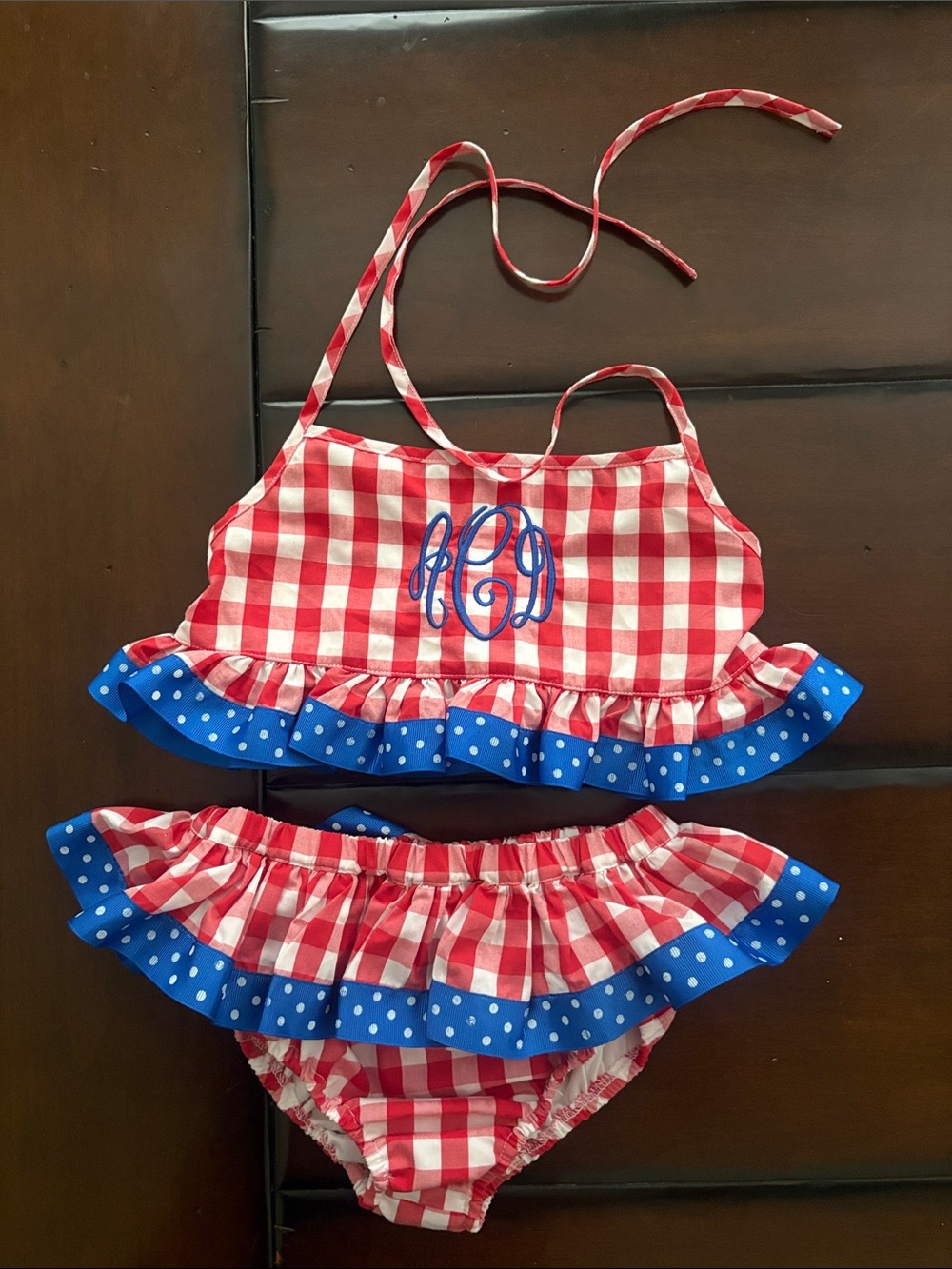 Girls smocked “ACD” Red & White Gingham Two-Piece Ruffle Swimsuit